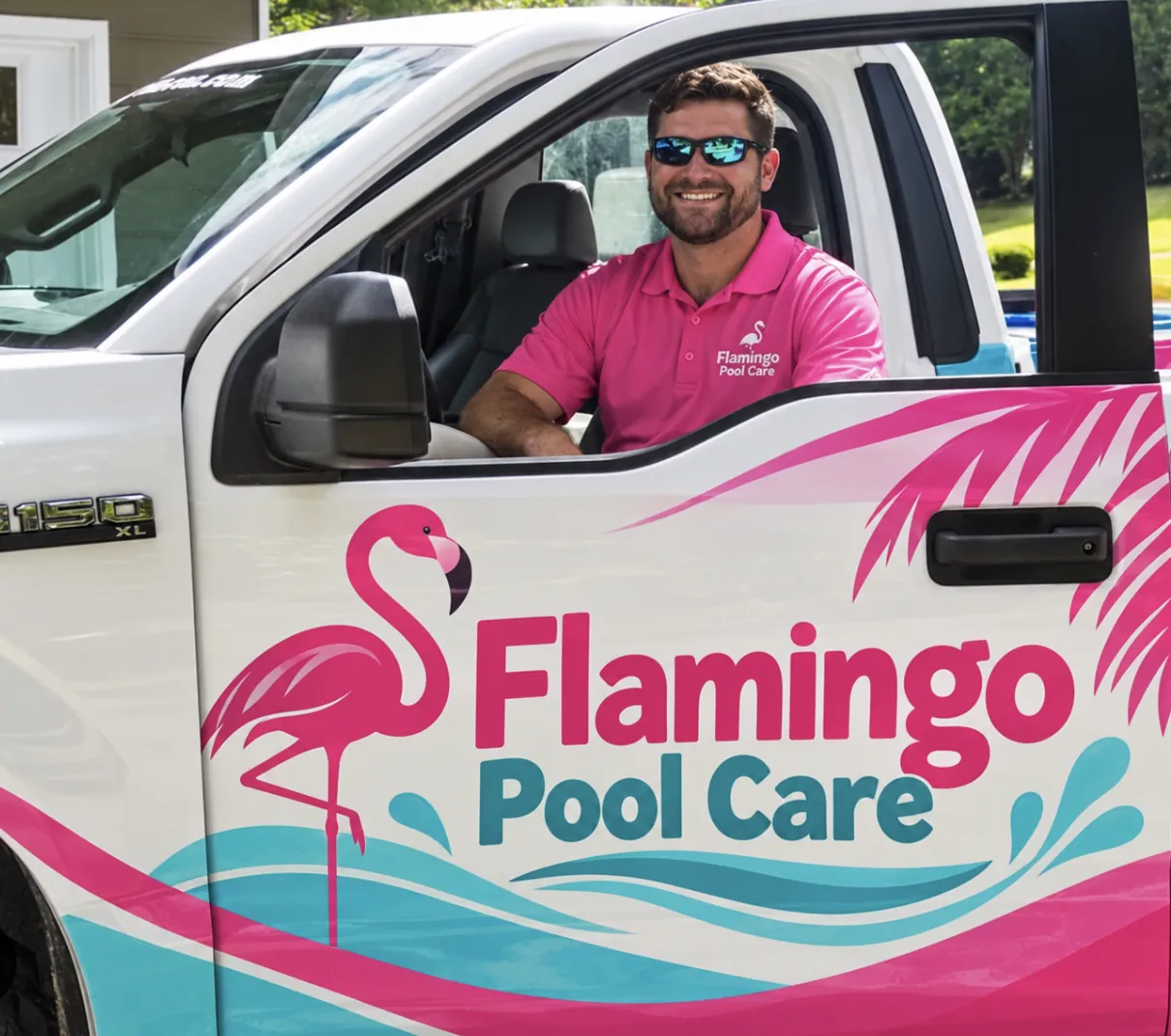 Flamingo Pool Care branded service truck