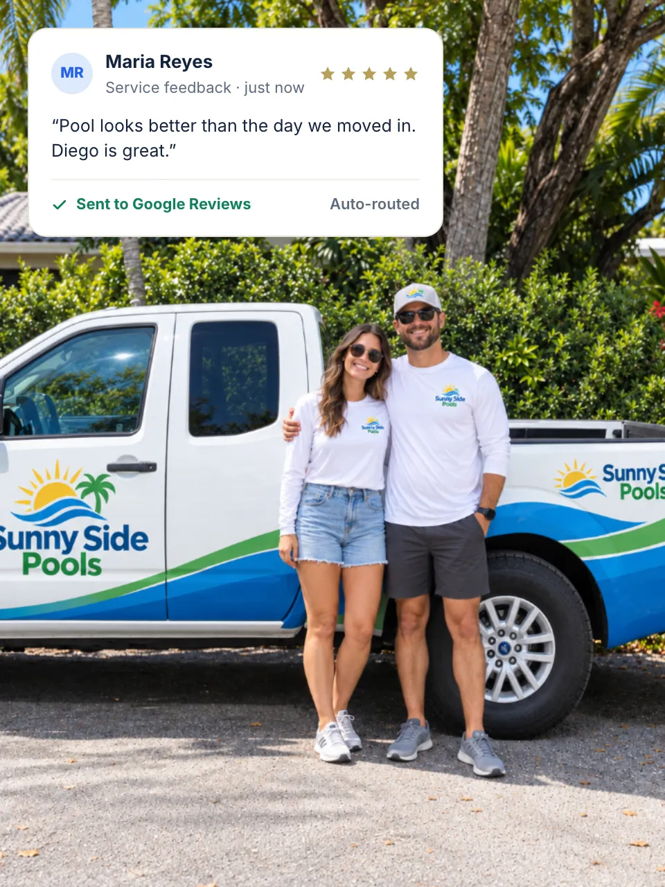 Sunny Side Pools team with a five-star Google review auto-routed from Triton